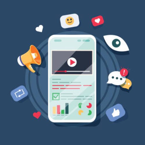 Video on mobile screen, video sharing and marketing flat vector concept with icons. Create video content and make money. Vector illustrate. Audit report and marketing data analysis concept. Website